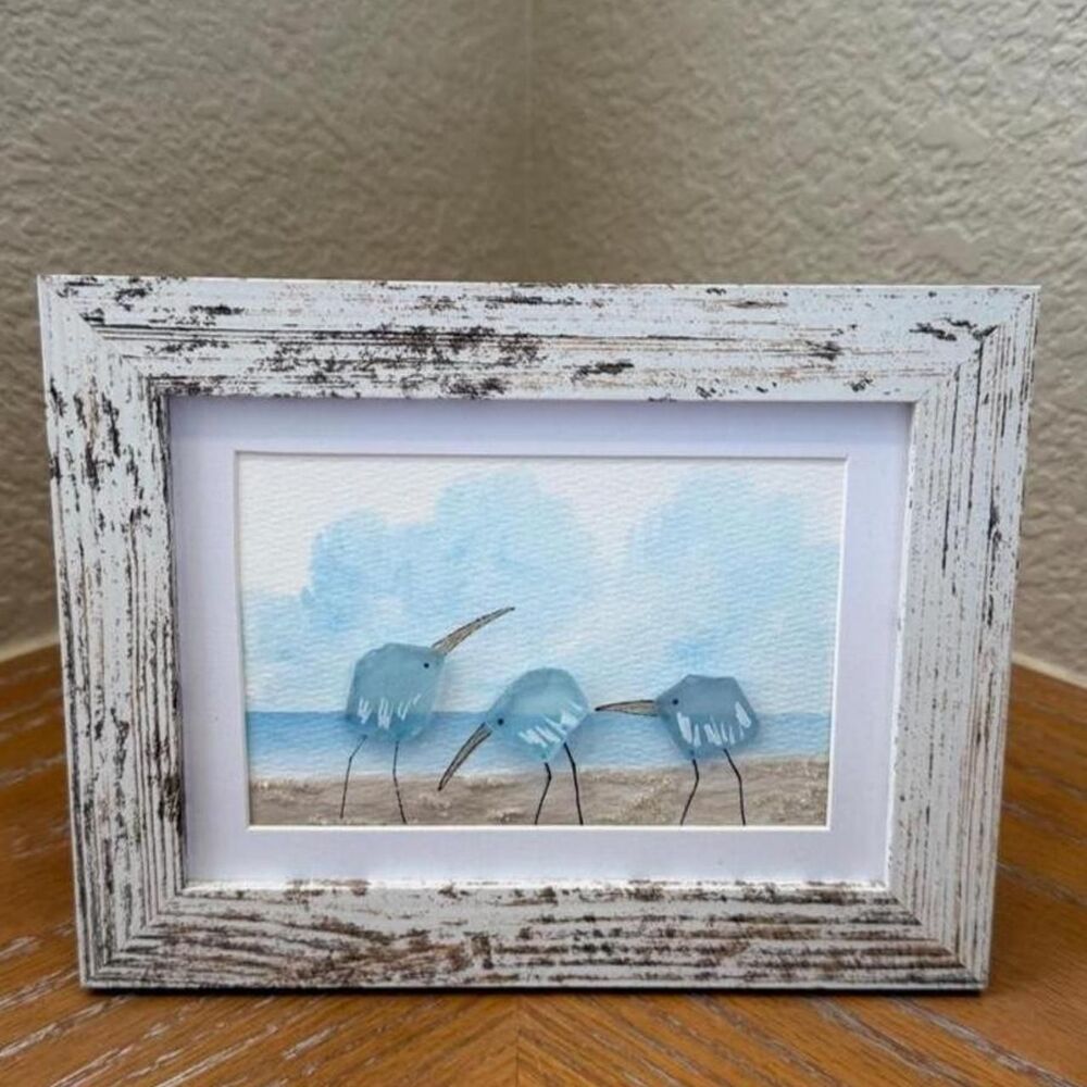 Blue Bird Ocean Sea-glass Art Handmade Painting